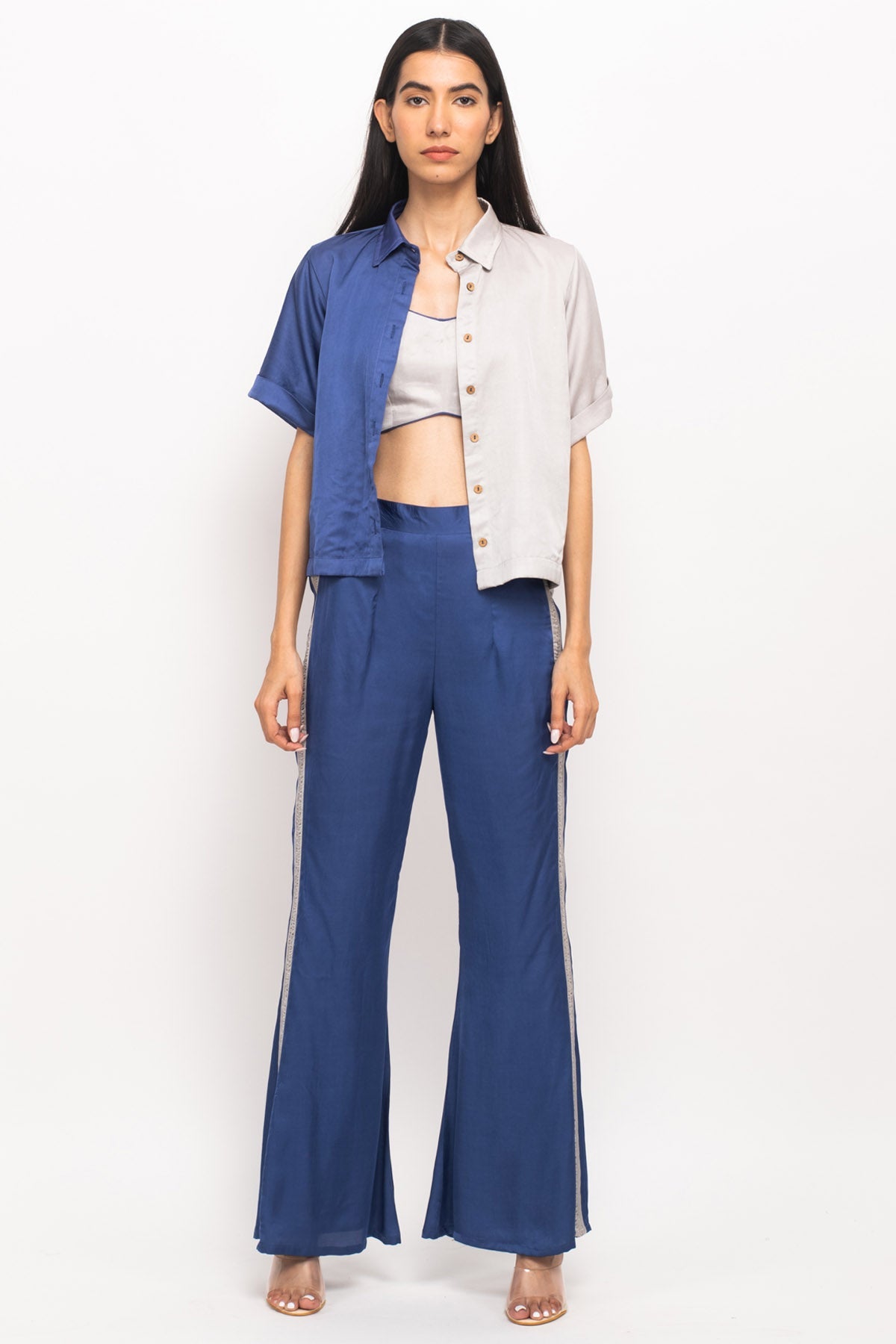Buy Neora by Nehal ChopraBlue & Grey Color Blocked Co-ord Set for Women Online